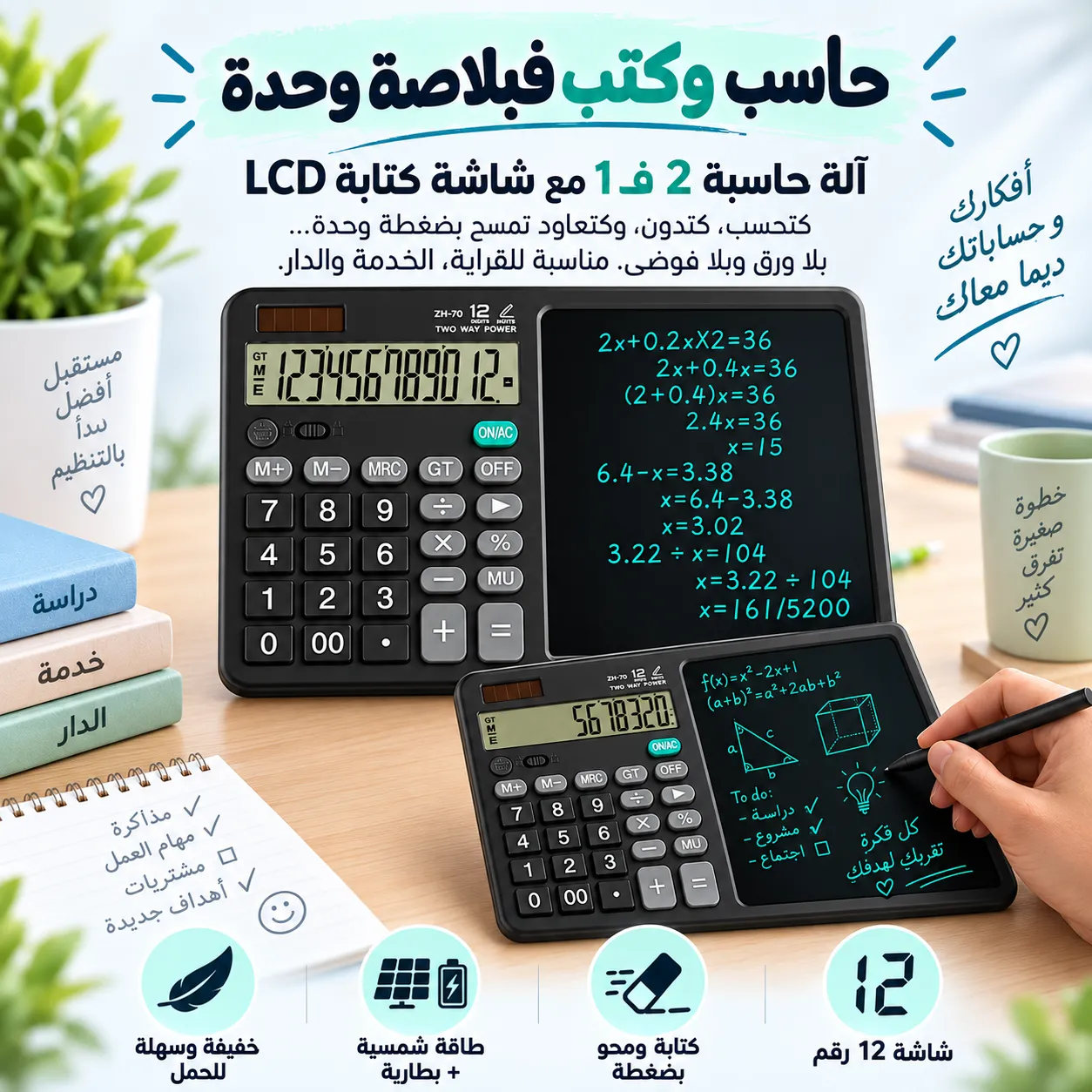 آلة حاسبة 2 في 1 مع شاشة كتابة LCD 2
